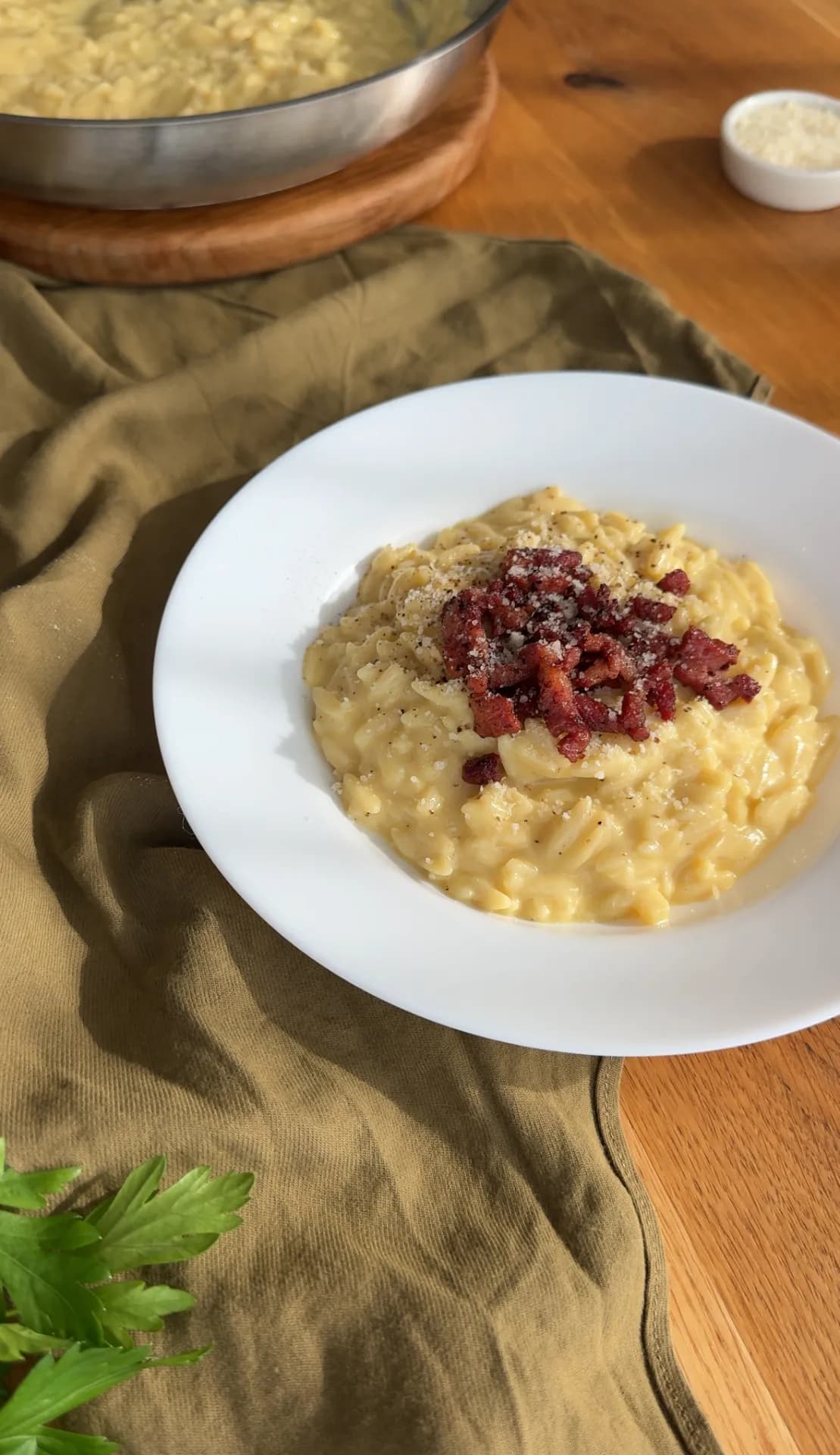 Orzo carbonara cu bacon